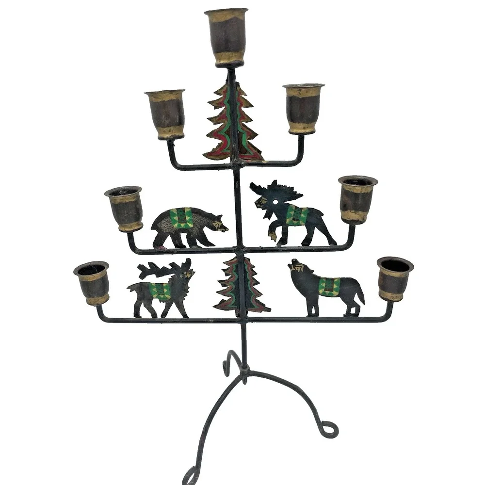 Vtg Handpainted Rustic Cabin Folk Art‎ 7 Taper Candelabra Wildlife Animals